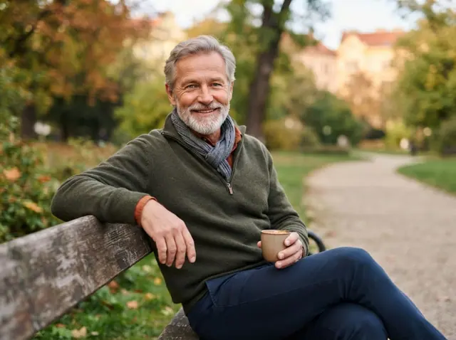 Mężczyzna odpoczywa na ławce z kubkiem w ręku