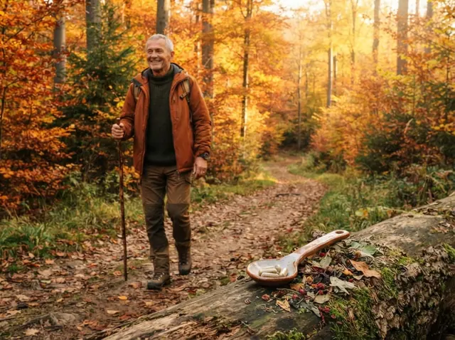 Mężczyzna z kijkiem idzie jesienną leśną ścieżką w ciepłym świetle