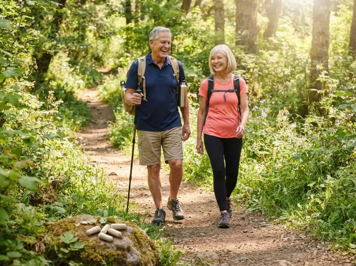 Para z kijkami trekkingowymi na zielonej leśnej ścieżce