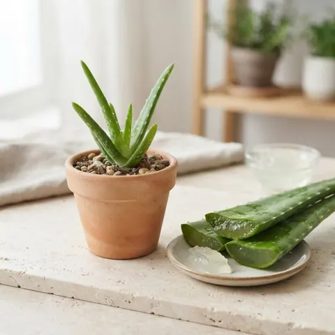 Aloes w doniczce i plastry liścia na talerzyku